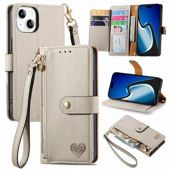 for iPhone 15 Plus Leather Phone Case Wallet Zipper Pocket Pouch Folio Flip Cover Kickstand, Multi Anti-theft Card Holder Cash Slot, Double Magnetic Buckle, Wrist Lanyard,Gray,For iPhone 15 Plus