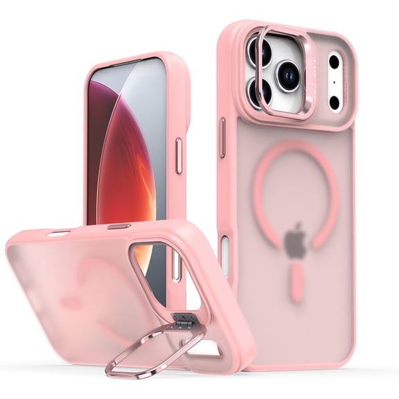 for iPhone 16 Plus Magnetic Case with Camera Frame Kickstand, Compatible with MagSafe, Slim TPU+PC Shockproof Drop Protective Translucent Matte Phone Cover for iPhone 16 Plus, Pink