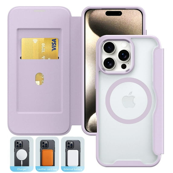 for iPhone 16 Plus Magnetic Case Compatible with Mag-Safe Slim Flip Protective PU Leather Wallet Case with RFID Blocking Card Slots Holder Clear Back Phone Cover for iPhone 16 Plus, Purple