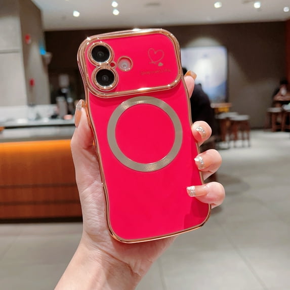 for iPhone 16 Plus Magnetic Case, Cute Curly Wave Shape & Love Heart Pattern Plating Edge Case Compatible With Mag Safe Women Girls Soft TPU Bumper Shockproof Protective Cover,Rose