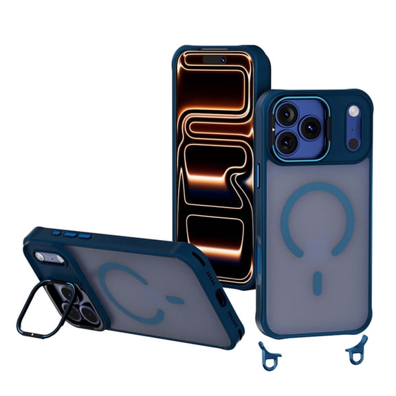 for iPhone 16 Plus Magnetic Case with Stand & 8mm Shoulder Strap, Compatible with Mag-Safe, Crossbody Phone Case with Adjustable Lanyard, Shockproof Hybrid Cover for iPhone 16 Plus, Blue