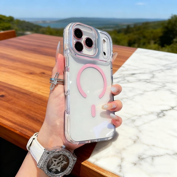 for iPhone 16 Plus Magnetic Case [with Camera Lens Stand] [Compatible with Mag-Safe] Not Yellowing Crystal Clear Transparent Shockproof Protective Phone Cover for iPhone 16 Plus, Pink