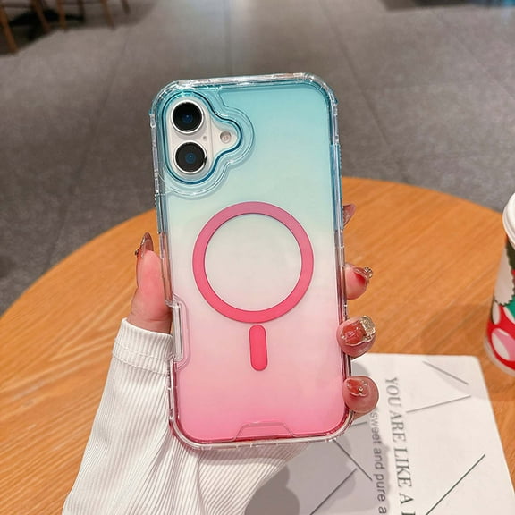 For iPhone 16 Plus Magnetic Clear Phone Case,Two-color Gradient Design,Compatible with Mag-Safe,3-in-1 Heavy Duty Shockproof Military Drop Protection Transparent Phone Case,Lightblue+Pink