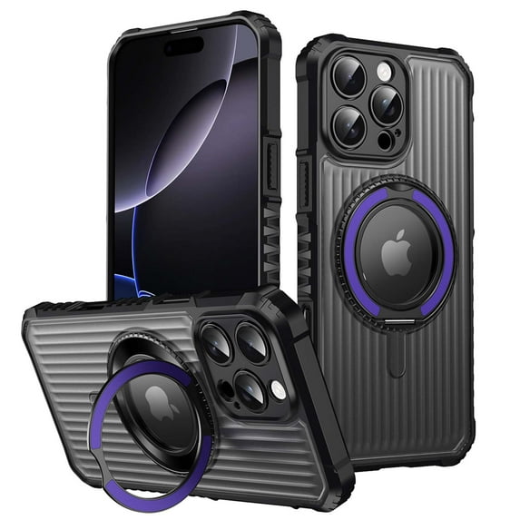 For iPhone 16 Plus Magnetic Phone Case,360°Rotatable Ring Kickstand,Compatible with Mag-Safe,4 Thickened Corners Protective,Clear Logo View,Shockproof Non-slip Translucent Phone Case,Purple