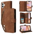 thumbnail image 1 of for iPhone 16 Plus Multifunctional Case Wallet with Card Slots, Premium Soft PU Leather Zipper Folio Flip with Crossbody Strap Kickstand Zipper Phone Cover for iPhone 16 Plus, Brown, 1 of 9
