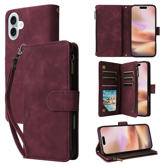for iPhone 16 Plus Multifunctional Case Wallet with Card Slots, Premium Soft PU Leather Zipper Folio Flip with Crossbody Strap Kickstand Zipper Phone Cover for iPhone 16 Plus, Winered