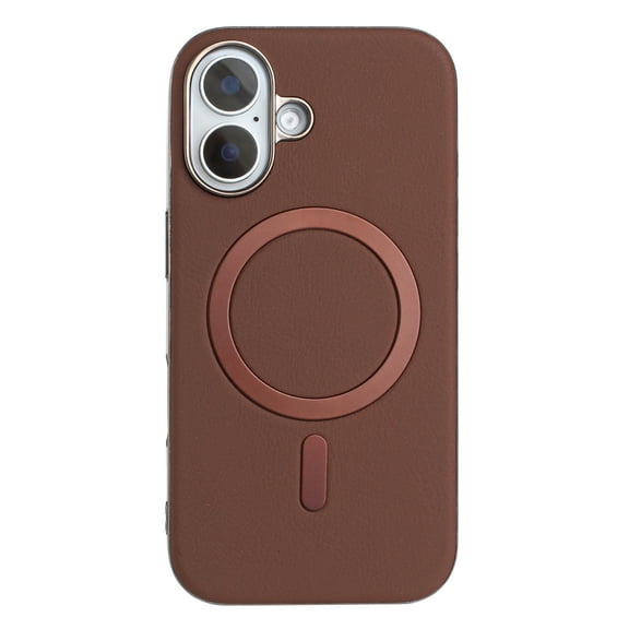 for iPhone 16 Plus PU Leather Case, Classic Phone Case Smooth Matte [Compatible with Magsafe], Plating Bumper Frame Lightweight Magnetic Anti-Scratch Cover for iPhone 16 Plus, Brown