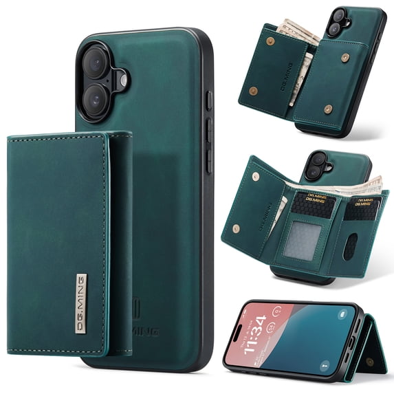 for iPhone 16 Plus PU Leather Wallet Case, Classic Detachable Magnetic Back Card Pockets Shockproof Protective Business Kickstand Phone Case Cover for iPhone 16 Plus, Green