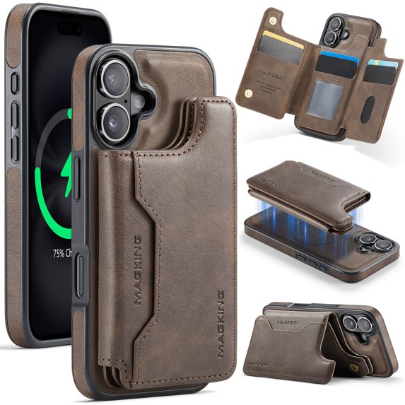 For iPhone 16 Plus PU Leather Wallet Phone Case,Compatible with Mag-Safe,Magnetic Detachable Card Holder,Back Flip Kickstand,2-in-1 Heavy Duty Shockproof RFID Blocking Phone Case,Coffee