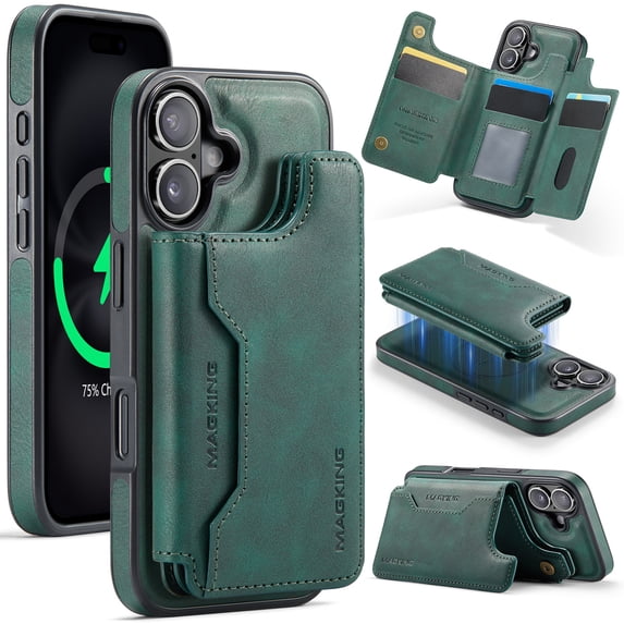 For iPhone 16 Plus PU Leather Wallet Phone Case,Compatible with Mag-Safe,Magnetic Detachable Card Holder,Back Flip Kickstand,2-in-1 Heavy Duty Shockproof RFID Blocking Phone Case,Green
