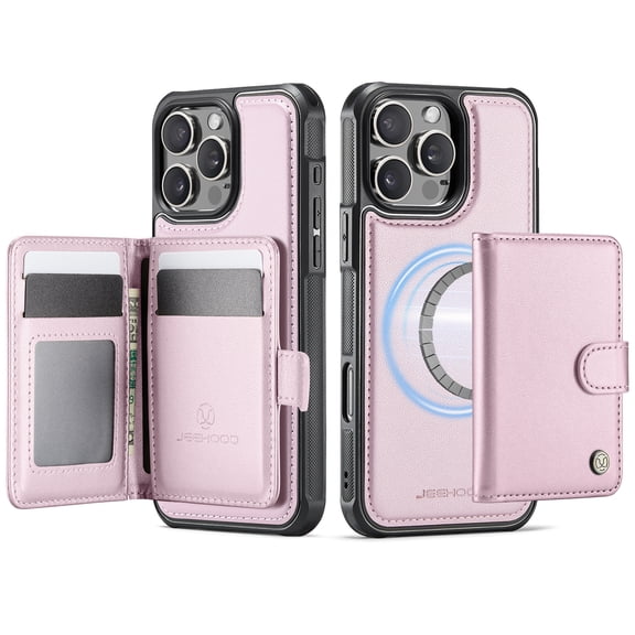 For iPhone 16 Plus Phone Case,2-in-1 Magnetic Removable Card Holder,Compatible With Mag-Safe,PU Leather + TPU + PC Hybrid Shockproof Anti-fall Protection,Durable Phone Case,Pink