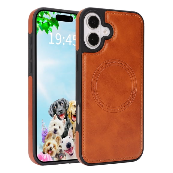 For iPhone 16 Plus Phone Case,Compatible with Mag-Safe,Anti-Scratch PU Leather Back,Soft TPU Bumper,Ultra Slim Shockproof Ant-fall Protection Rugged Thin Fit Phone Case Cover,Lightbrown