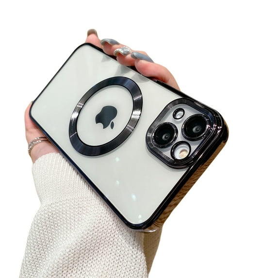 for iPhone 16 Plus Phone Case Magnetic Clear Cover for Women Men,Slim Plating Bumper TPU Soft Protective Transparent Back for iPhone 16 Plus Compatible with MagSafe Phone Case,Black