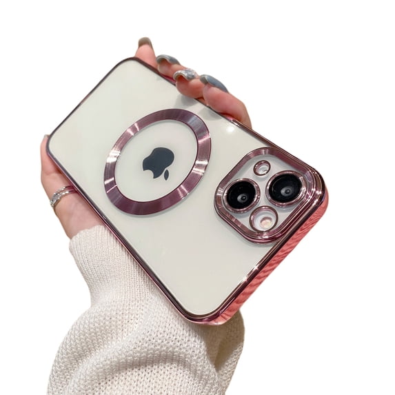 for iPhone 16 Plus Phone Case Magnetic Clear Cover for Women Men,Slim Plating Bumper TPU Soft Protective Transparent Back for iPhone 16 Plus Compatible with MagSafe Phone Case,Rosegold