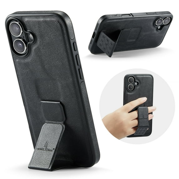 for iPhone 16 Plus Phone Case, Vintage Magnetic Finger Hand Wrist Strap Kickstand Shockproof Protective PU Leather Thin Fit Anti-Scratch Cover Compatible with iPhone 16 Plus, Black