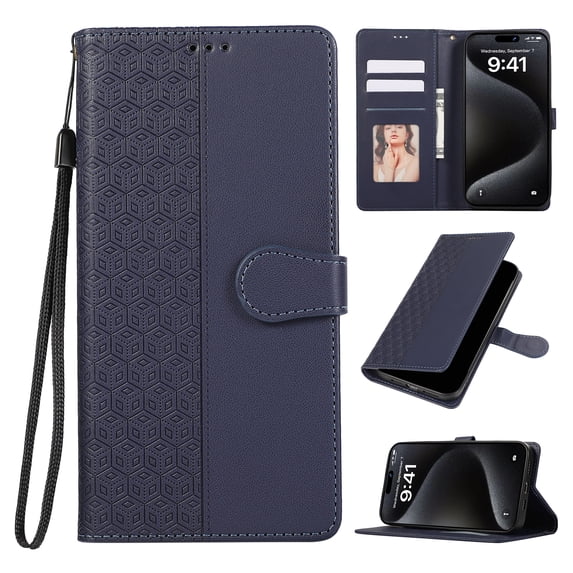 for iPhone 16 Plus Phone Case Wallet Card Holder, PU Leather Kickstand Flip Cases Wrist Strap Magnetic Closure Shockproof Embossed Protective Book Cover for iPhone 16 Plus, Blue