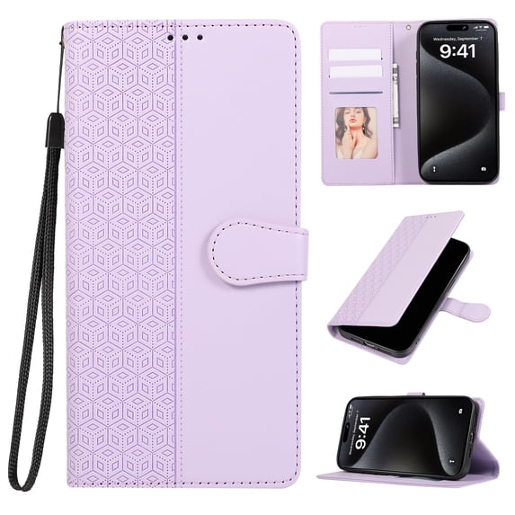 for iPhone 16 Plus Phone Case Wallet Card Holder, PU Leather Kickstand Flip Cases Wrist Strap Magnetic Closure Shockproof Embossed Protective Book Cover for iPhone 16 Plus, Purple