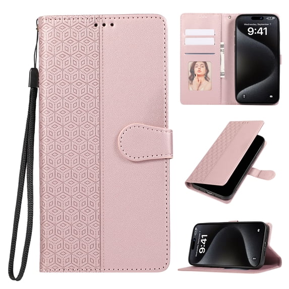 for iPhone 16 Plus Phone Case Wallet Card Holder, PU Leather Kickstand Flip Cases Wrist Strap Magnetic Closure Shockproof Embossed Protective Book Cover for iPhone 16 Plus, Rosegold