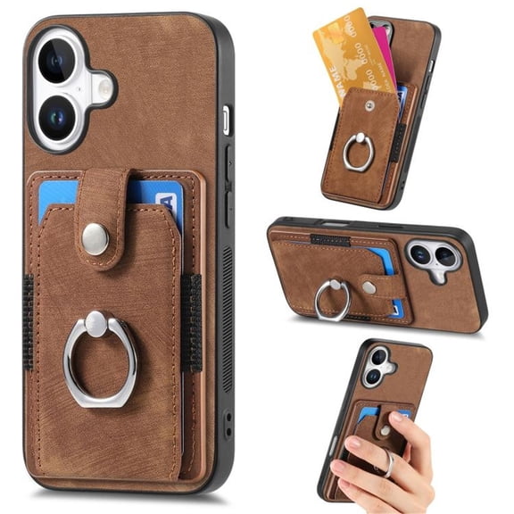 For iPhone 16 Plus Phone Case Wallet with Card Holder,PU Leather Metal Ring Buckle Holder Kickstand  Women Men Magnetic Cover,Brown,For iPhone 16 Plus