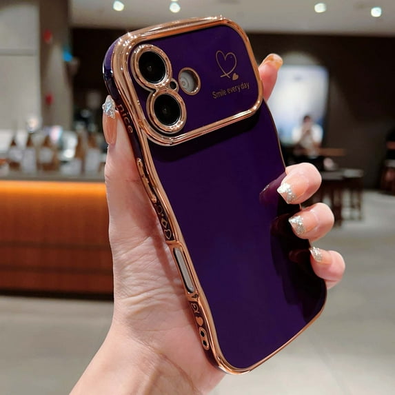 For iPhone 16 Plus Phone Case,Wavy Frame Designing,Love Heart Pattern,Luxury Plating Shockproof Anti-fall Soft TPU Ultra Slim Thin Fit Cute Electroplated Phone Case Cover,Darkpurple