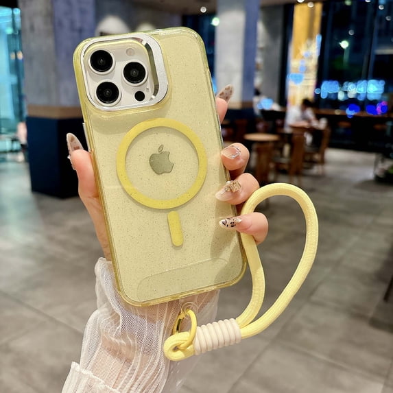 For iPhone 16 Plus Phone Case,With Contractile Lens Ring Kickstand,Compatible with Mag-Safe,Bling Glitter Transparent Back Design,With Wrist Strap,Ultra Slim Shockproof Phone Case,Yellow