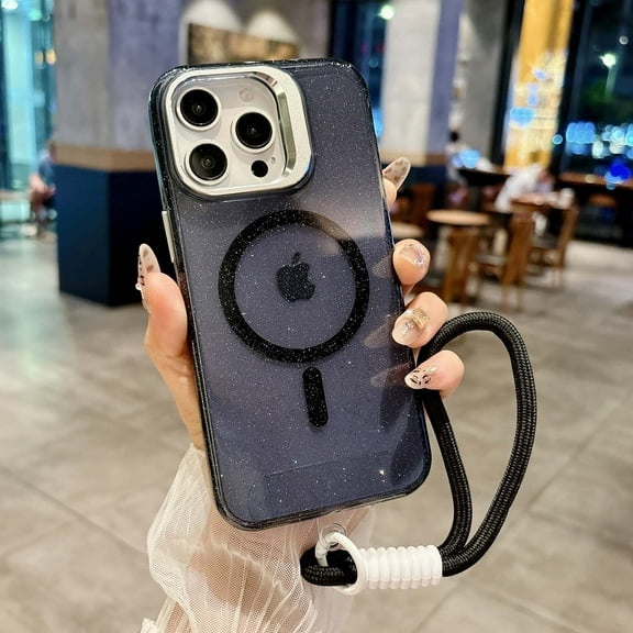 For iPhone 16 Plus Phone Case,With Contractile Lens Ring Kickstand,Compatible with Mag-Safe,Bling Glitter Transparent Back Design,With Wrist Strap,Ultra Slim Shockproof Phone Case,Black