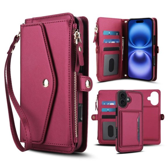 For iPhone 16 Plus【RFID Blocking】Multi functional 2-in-1 Soft PU Leather Wallet Case Magnetic Flip Cover Multi-Card Slots Zipper Pocket With Detachable Shoulder Strap And Wrist Strap,Red