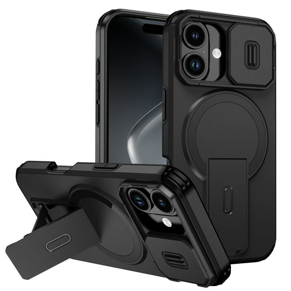 For iPhone 16 Plus Rugged Phone Case,With Invisible Kickstand,Compatible with Mag-Safe,With Camera Lens Cover,Shockproof Anti-Scratch Drop Protection Durable Heavy Duty Phone Case,Black