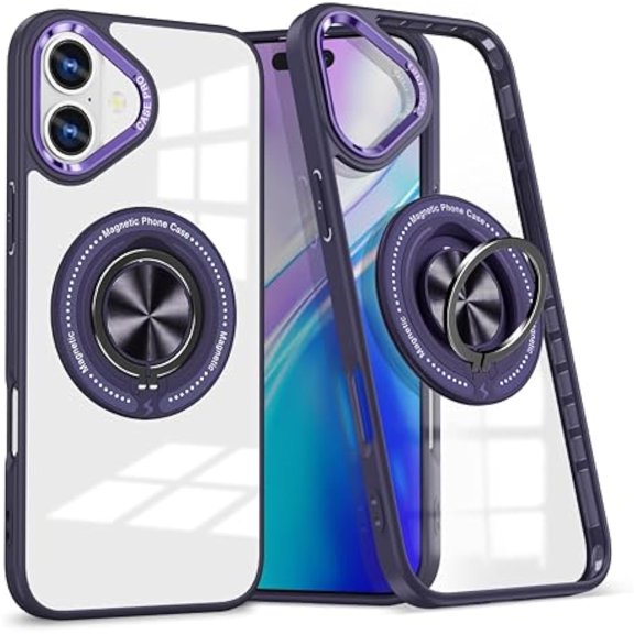 For iPhone 16 Plus Transparent Case (Compatible With MagSafe) With 360° Rotation Invisible Magnetic O-Ring Stand Military-Grade Shockproof Phone Case,Purple,For iPhone 16 Plus