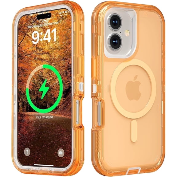 For iPhone 16 Plus Transparent Phone Case Compatible with MagSafe, Triple Layer Magnetic Charging Case, Heavy Duty Shockproof and Drop-Proof Phone Case, Crystal Orange