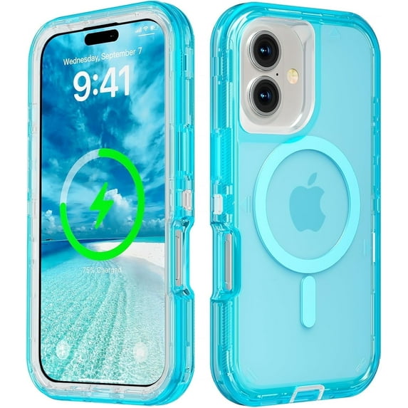 For iPhone 16 Plus Transparent Phone Case Compatible with MagSafe, Triple Layer Magnetic Charging Case, iPhone 16 Plus Heavy Duty Shockproof and Drop-Proof Phone Case, Crystal Blue