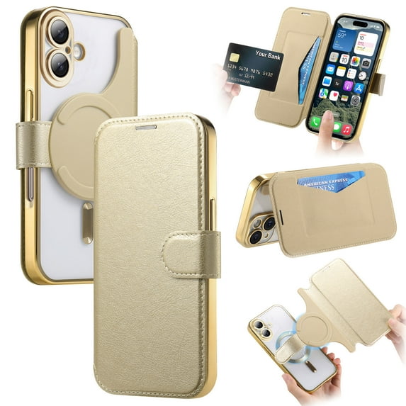 for iPhone 16 Plus Wallet Case with Camera Lens Protector Film, Clear Magnetic Phone Cover Compatible with Mag-Safe Charging, RFID Blocking PU Leather Case with Card Holder Flip Kickstand, Gold