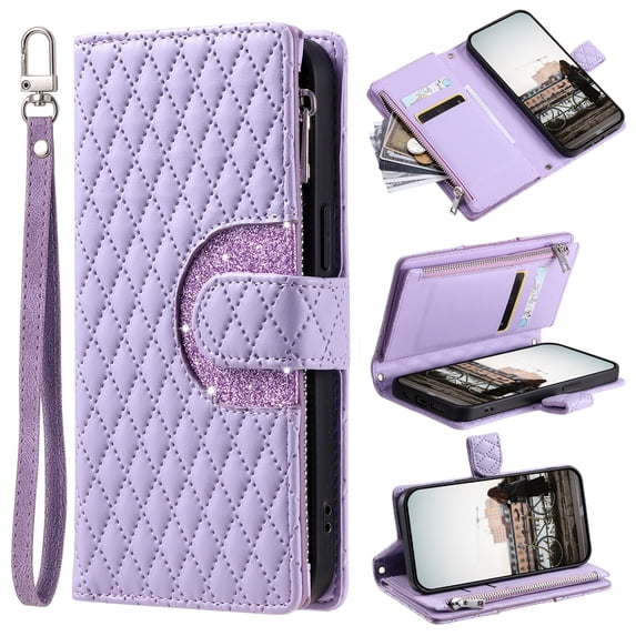 for iPhone 16 Plus Wallet Case with Card Holder & Kickstand & Wrist Strap, Flip Folio Book Style PU Leather Shockproof Protective Phone Cover with Crossbody Strap for iPhone 16 Plus, Purple