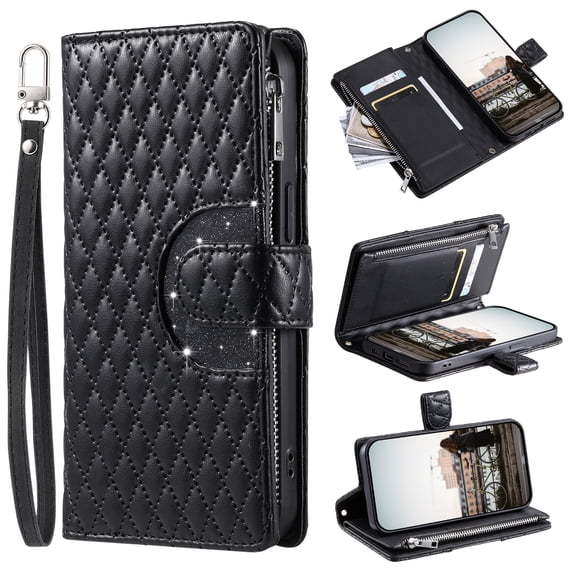 for iPhone 16 Plus Wallet Case with Card Holder & Kickstand & Wrist Strap, Flip Folio Book Style PU Leather Shockproof Protective Phone Cover with Crossbody Strap for iPhone 16 Plus, Black