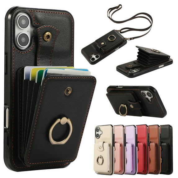 for iPhone 16 Plus Wallet Case with Card Holder, PU Leather Case with Ring Holder Kickstand, Snap Button Card Slots Case for Women Men for iPhone 16 Plus with Crossbody Strap - Black