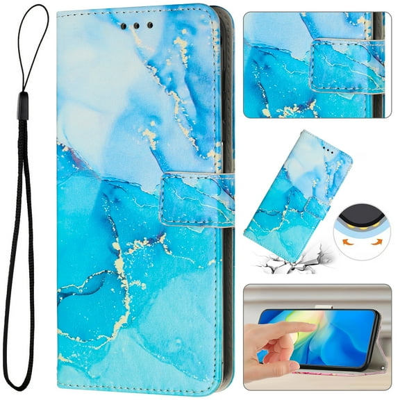 for iPhone 16 Plus Wallet Case with Card Holder,Women Men RFID Blocking PU Leather Flip Cover Wrist Strap Magnetic Closure Credit Card Slots Marble Patterned Book Style Phone Case,Blue