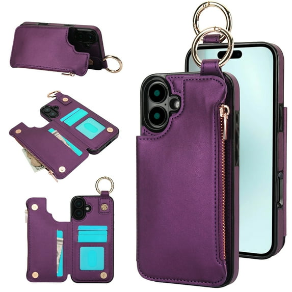 for iPhone 16 Plus Wallet Case with Card Holders for Women Girls, Zipper Protective PU Leather Case with Finger Ring RFID Protective Kickstand for iPhone 16 Plus, Darkpurple