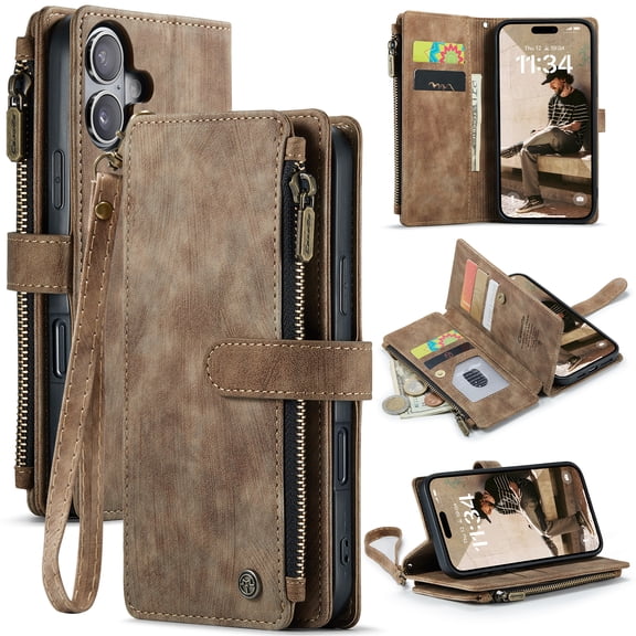 for iPhone 16 Plus Wallet Case with Card Slots, Zipper Pocket and Magnetic Flip Folio, RFID Blocking Card Holder Stand Leather Detachable Wristlet Strap 3-in-1 Case for Women and Men,Brown