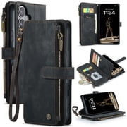 for iPhone 16 Plus Wallet Case with Card Slots, Zipper Pocket and Magnetic Flip Folio, RFID Blocking Card Holder Stand Leather Detachable Wristlet Strap 3-in-1 Case for Women and Men,Black