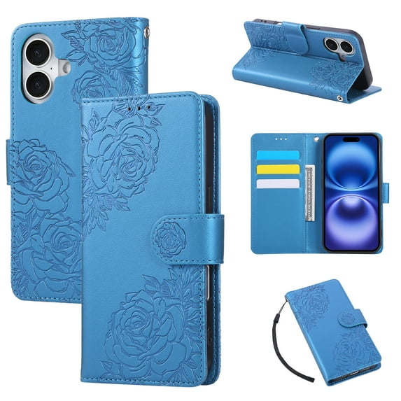 for iPhone 16 Plus Wallet Case with Credit Card Holder, Flower Pattern Flip PU Leather Stand Shockproof Protective Phone Cover for iPhone 16 Plus Magnetic Clasp Purse Case, Blue