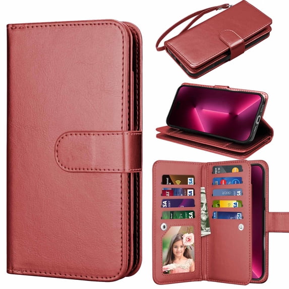 For iPhone 16 Plus Wallet Case with Credit Card Holder, Wrist Strap, Njjex Detachable Magnetic Cover, PU Leather Flip Folio KickstNjjex Protective Case - Wine Red