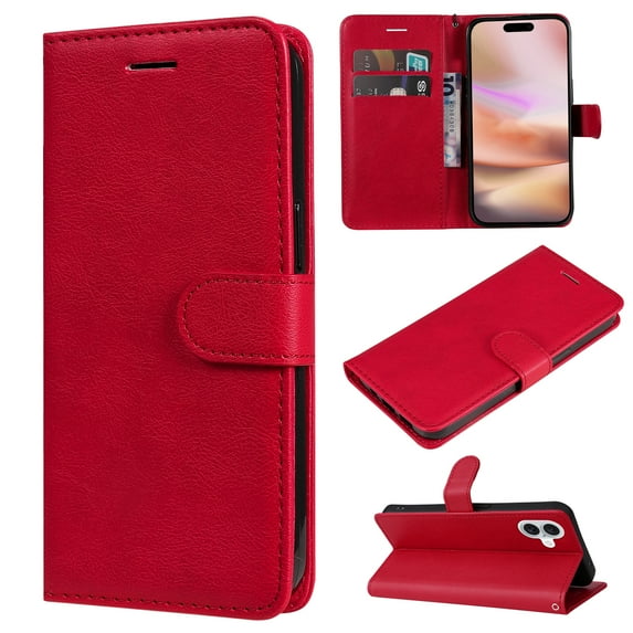 for iPhone 16 Plus Wallet Case, with Credit Card Holder and Wrist Strap, RFID Blocking PU Leather Flip Magnetic Cell Phone Cover Case for iPhone 16 Plus, Red