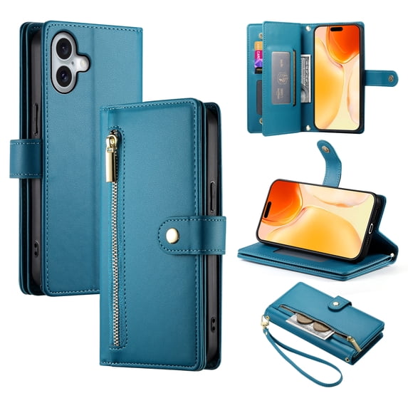 for iPhone 16 Plus Wallet Case with Crossbody Strap & Card Holder, Fashion Flip PU Leather Magnetic Clasp Cover for Women Men, Zipper Pocket Purse Phone Case for iPhone 16 Plus, Blue