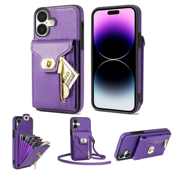 For iPhone 16 Plus Wallet Case, Crossbody Strap Phone Case with Zipper Card Holder, RFID Blocking PU Leather Cover for Women, Adjustable Anti-Theft Zipper Pocket for iPhone 16 Plus,Purple