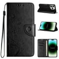 thumbnail image 1 of For iPhone 16 Plus Wallet Case,Cute Embossed Butterfly & Flower Patterned Flip Premium PU Leather [Flip Kickstand] [Card Slots] [Wrist Strap] [Magnetic Closure] Phone Cover, Black, 1 of 1