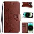 thumbnail image 1 of For iPhone 16 Plus Wallet Case,Cute Embossed Butterfly & Flower Patterned Flip Premium PU Leather [Flip Kickstand] [Card Slots] [Wrist Strap] [Magnetic Closure] Phone Cover, Brown, 1 of 9