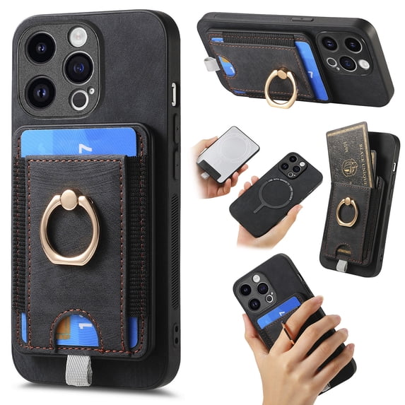 for iPhone 16 Plus Wallet Case with Detachable Card Holder & 360° Rotation Finger Ring Holder Stand, Shockproof PU Leather Phone case with Card Slot for Men Women for iPhone 16 Plus, Black