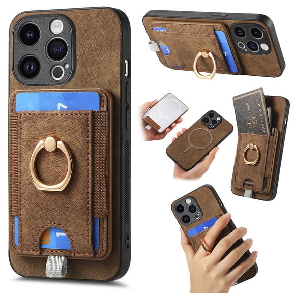 for iPhone 16 Plus Wallet Case with Detachable Card Holder & 360° Rotation Finger Ring Holder Stand, Shockproof PU Leather Phone case with Card Slot for Men Women for iPhone 16 Plus, Brown