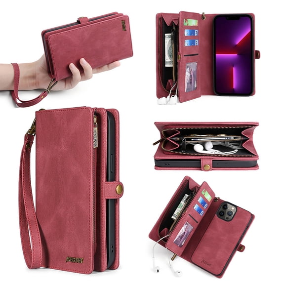 for iPhone 16 Plus Wallet Case, Durable PU Leather 2-in-1 Detachable Magnetic Flip Phone Case for iPhone 16 Plus Case Wallet with Card Holder Slots Zipper Pouch for Women Men, Red