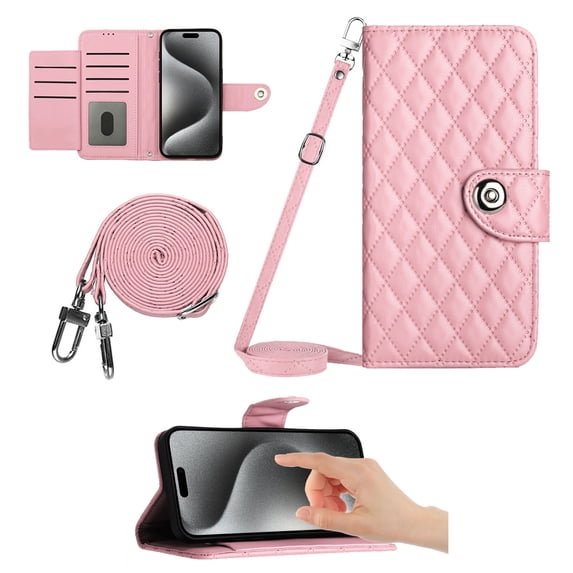 for iPhone 16 Plus Wallet Case, Elegant Card Holder Cash Slot PU Leather Kickstand Shoulder Strap Shockproof Protective Flip Women Girls Case Cover for iPhone 16 Plus, Pink
